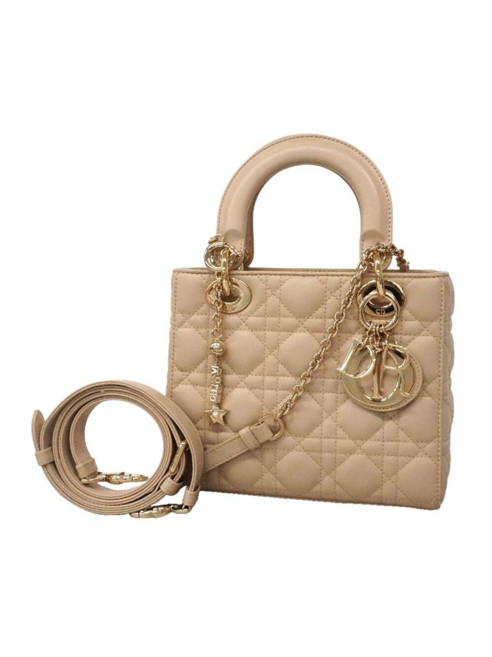 Dior Handbag Cannage Lady Leather Beige Champagne Gold 2-Way Bag